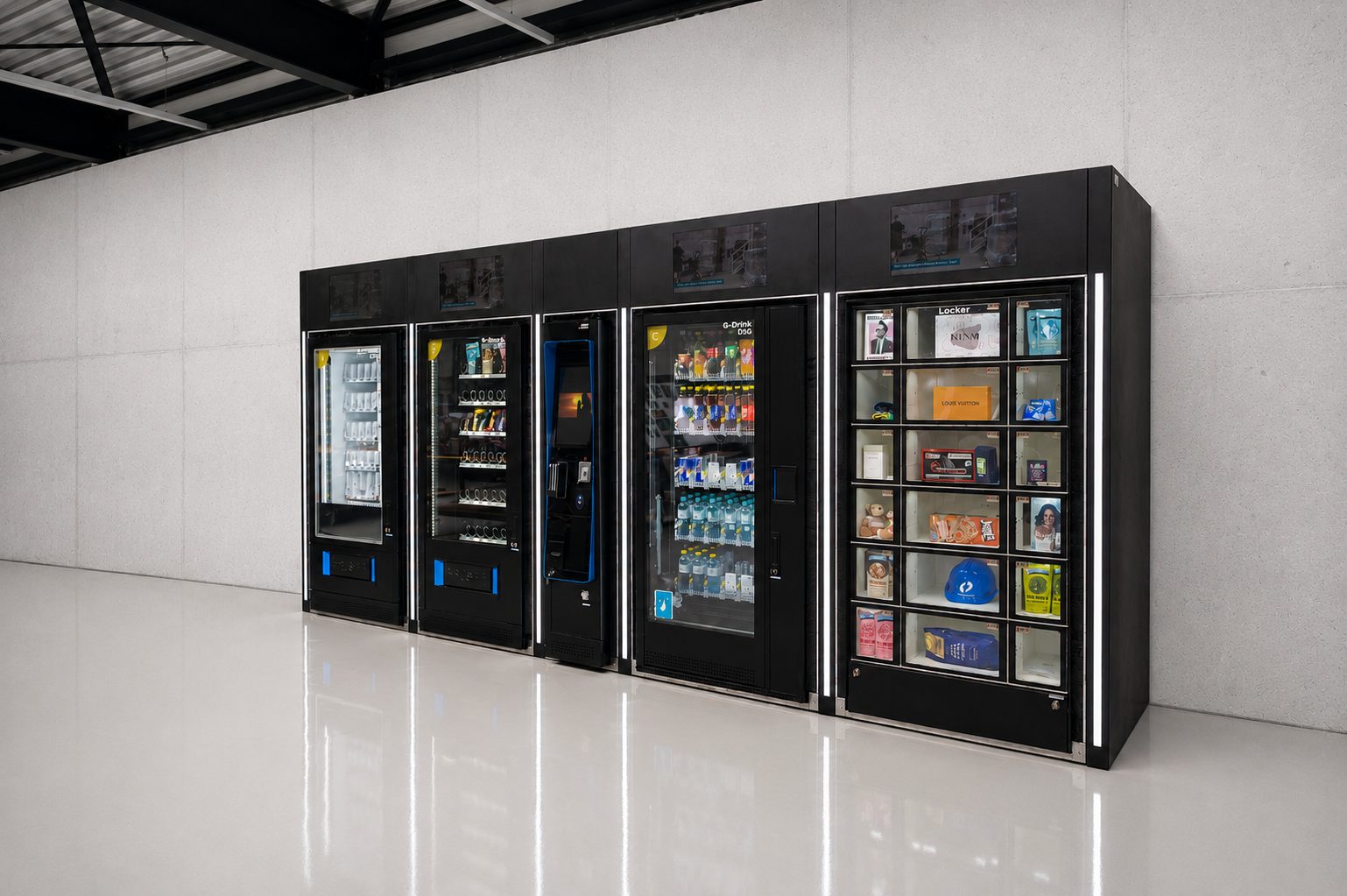 Automatenstore mit fünf Modulen, freistehend und beleuchtet